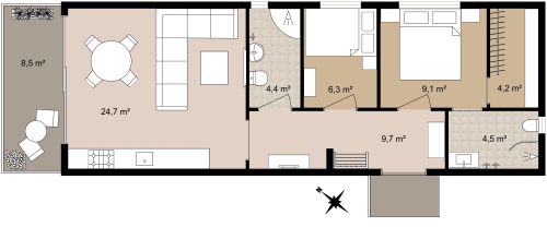 Schmaler 2-Schlafzimmer-Grundriss mit Balkon