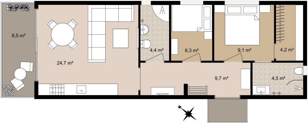 Schmaler 2-Schlafzimmer-Grundriss mit Balkon 2D Grundrisse