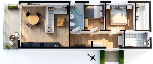 Schmaler 2-Schlafzimmer-Grundriss mit Balkon