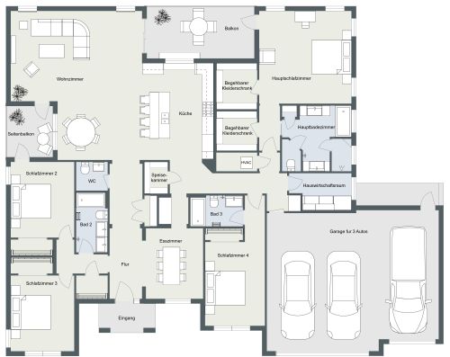 Grundriss für ein Haus mit 4 Schlafzimmern und Dreifachgarage