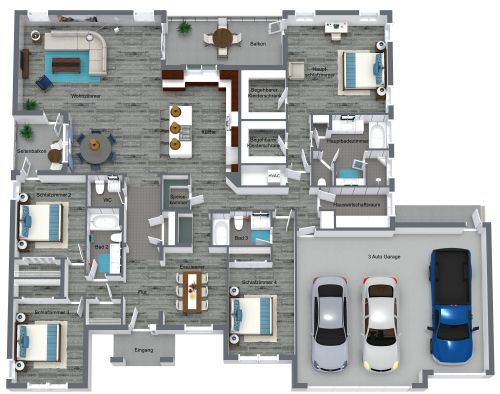 Grundriss für ein Haus mit 4 Schlafzimmern und Dreifachgarage