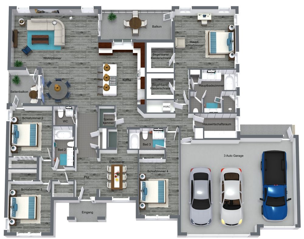 Grundriss für ein Haus mit 4 Schlafzimmern und Dreifachgarage