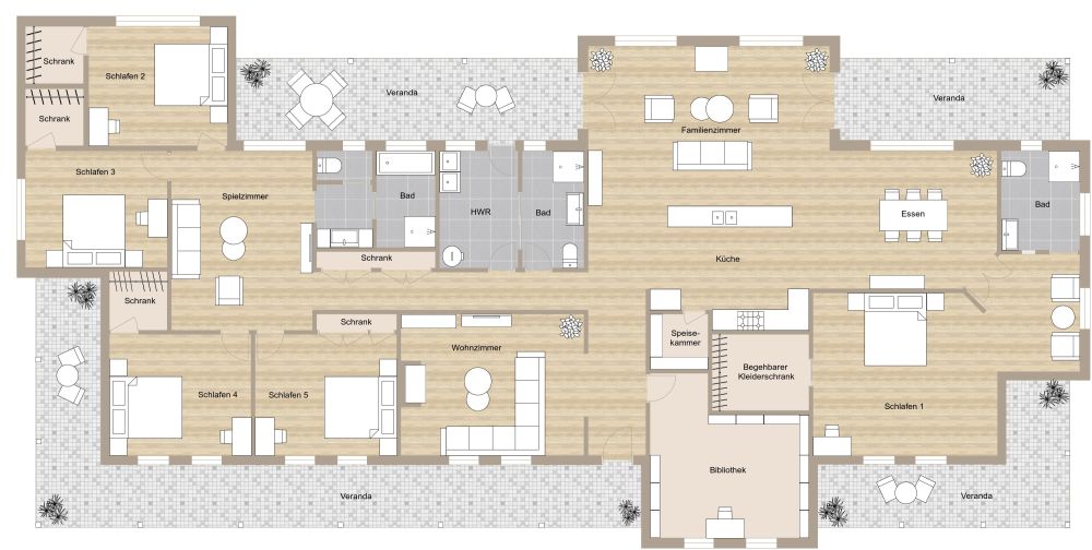 Schöner Grundriss für ein Haus mit 5 Schlafzimmern 2D Grundrisse