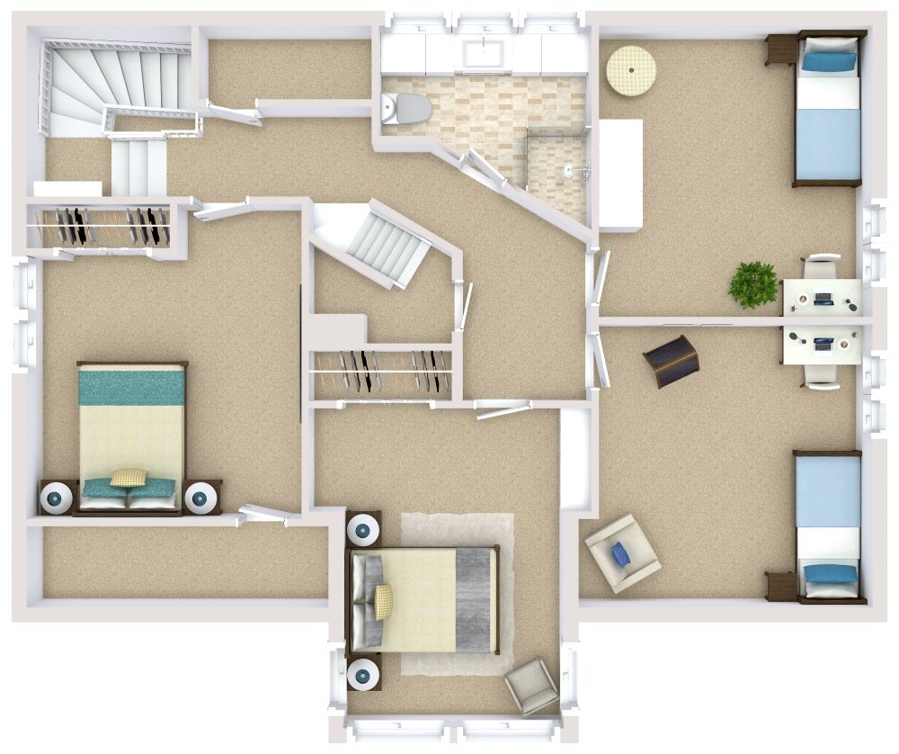 Grundriss für ein 4-stöckiges Haus mit 6 Schlafzimmern 3D Grundrisse