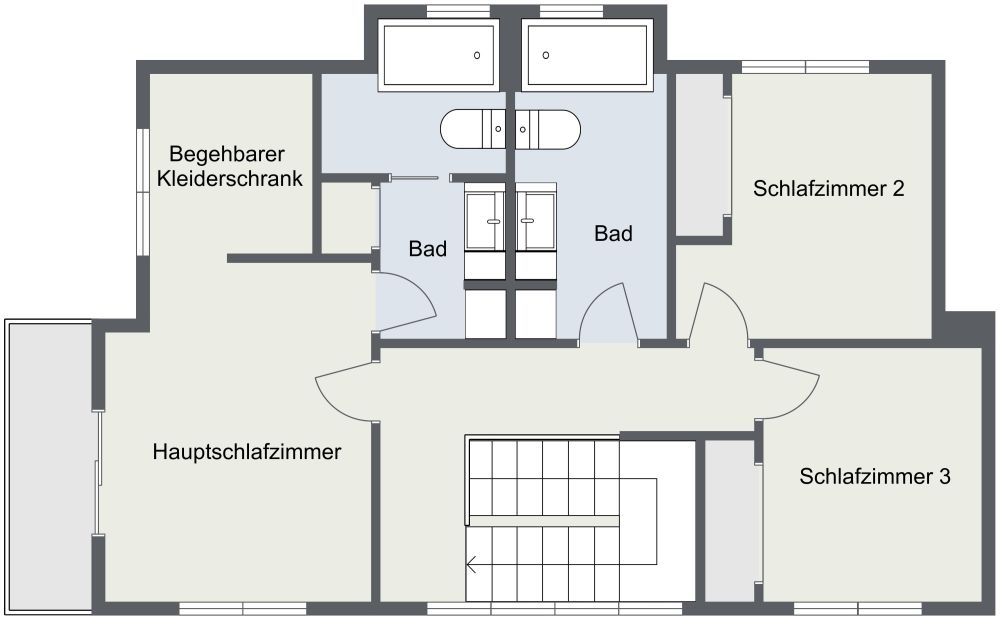 Layout für ein Haus mit 3 Schlafzimmern und 2 Badezimmern 2D Grundrisse