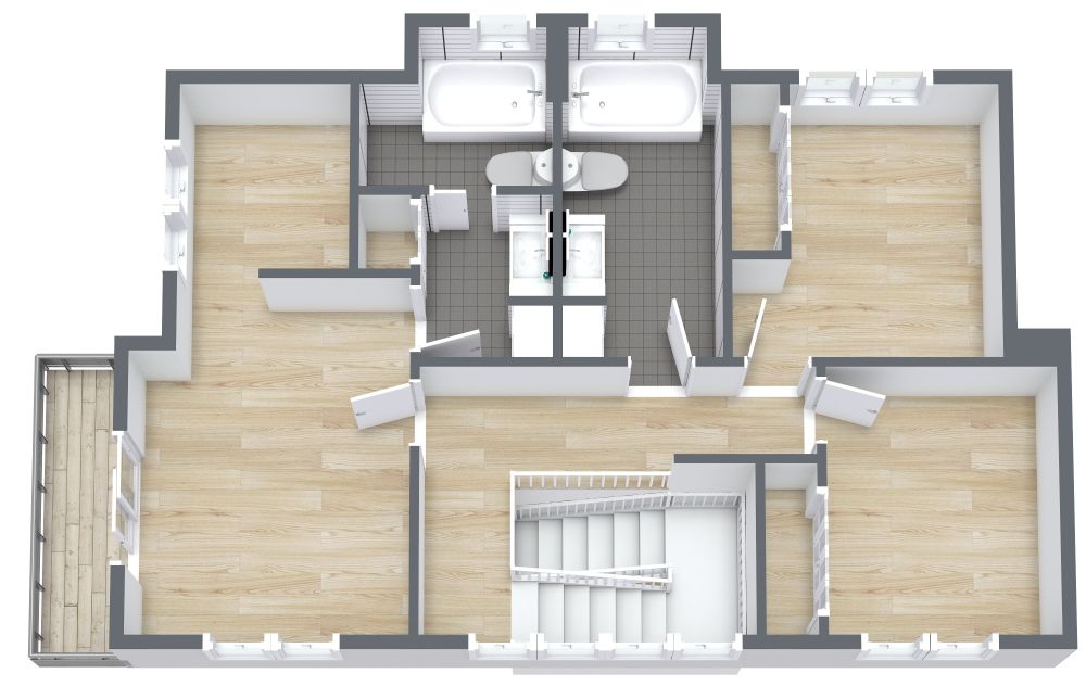 Layout für ein Haus mit 3 Schlafzimmern und 2 Badezimmern 3D Grundrisse