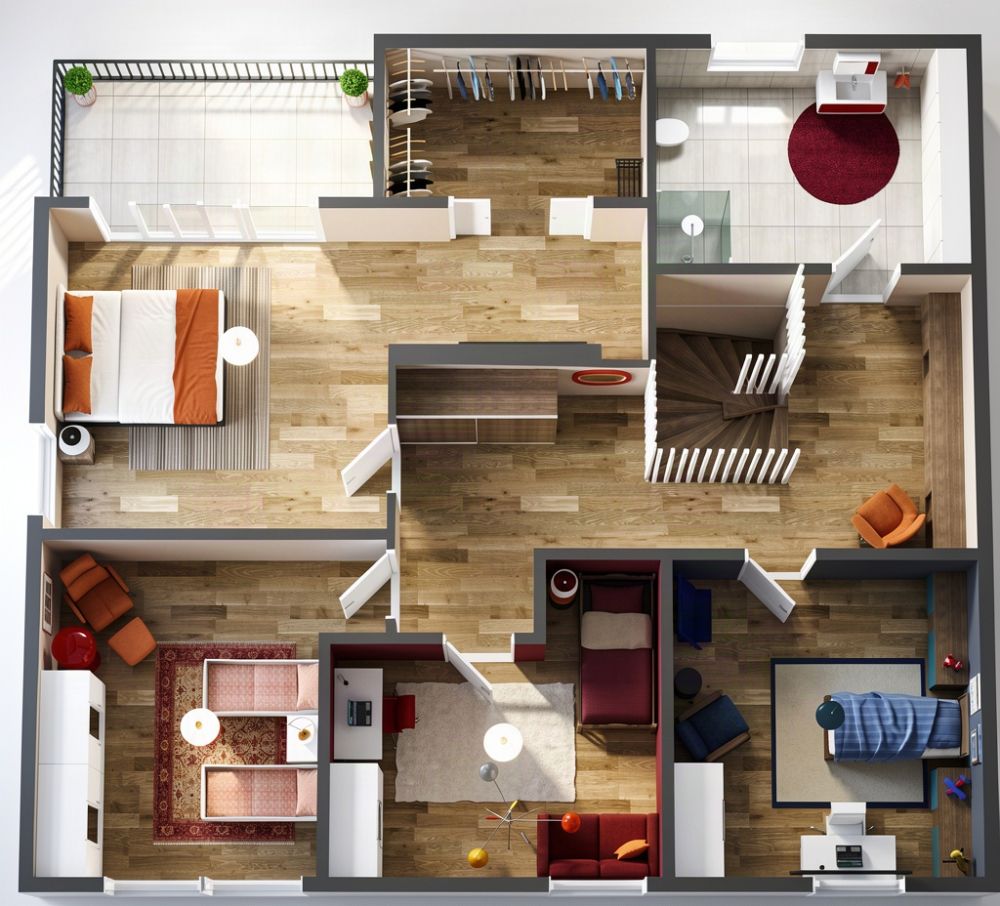 Grundriss für ein Familienhaus mit 5 Schlafzimmern 3D Grundrisse