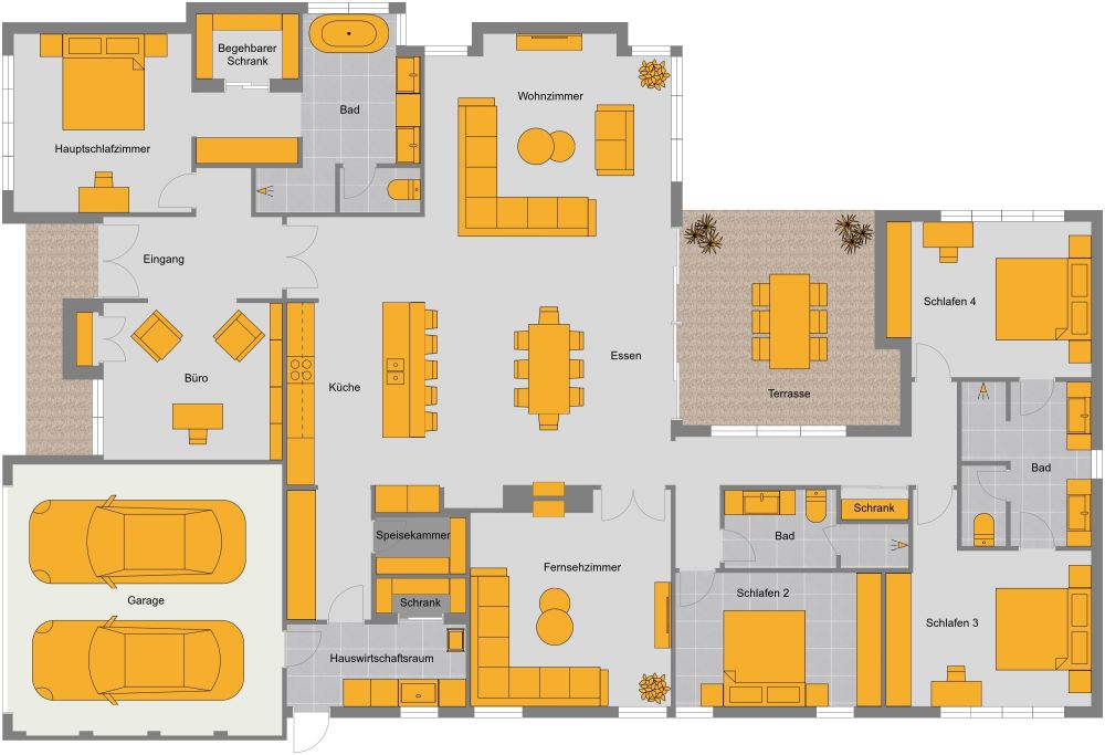 Lebendiger Grundriss für ein Haus mit Terrasse und Doppelgarage 2D Grundrisse
