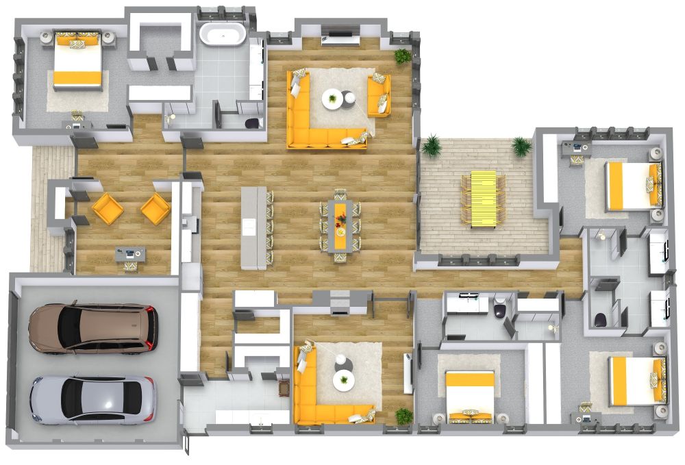 Lebendiger Grundriss für ein Haus mit Terrasse und Doppelgarage