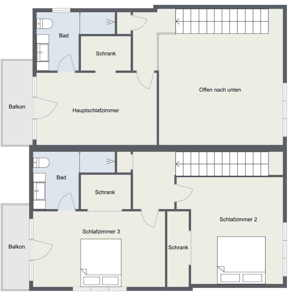 Grundriss für ein 3-stöckiges Zweifamilienhaus 2D Grundrisse