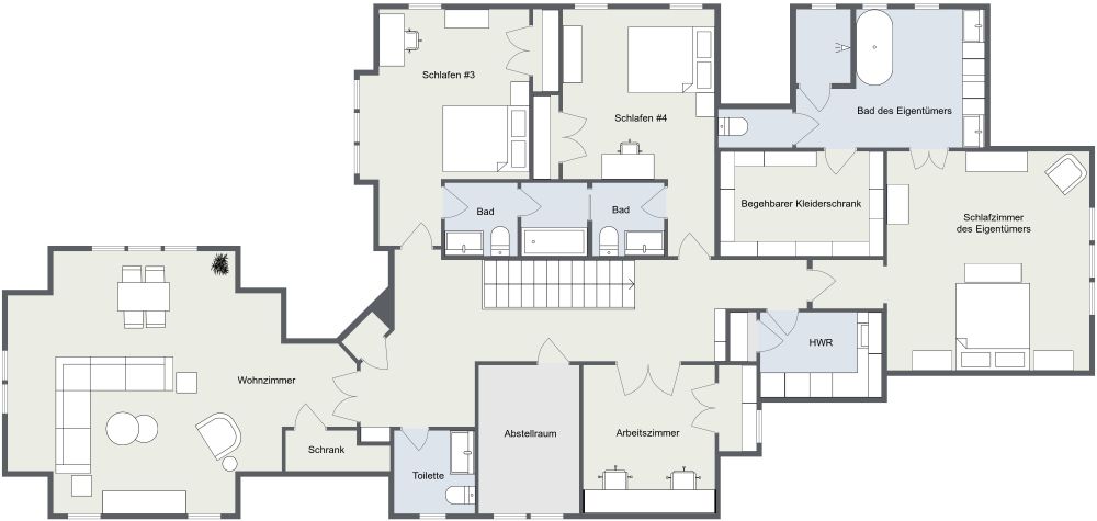 Grundriss für ein 2-stöckiges Haus mit 4 Schlafzimmern und Wintergarten 2D Grundrisse