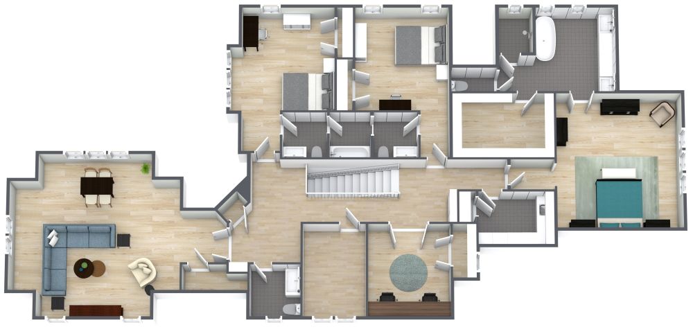 Grundriss für ein 2-stöckiges Haus mit 4 Schlafzimmern und Wintergarten 3D Grundrisse