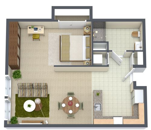 Grundriss für eine stilvolle 1-Zimmer-Wohnung mit U-förmiger Küche