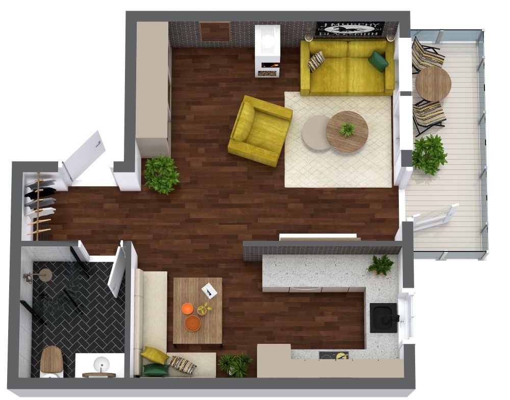 Grundriss für ein warmes und elegantes Studio-Apartment mit Balkon