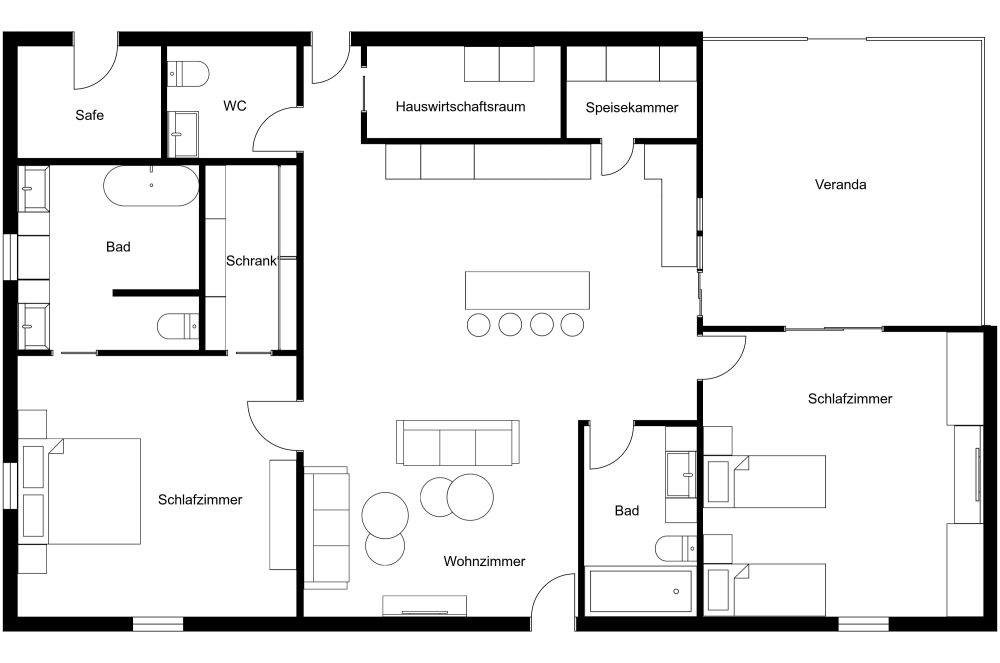 Grundriss für eine Wohnung mit 2 Schlafzimmern und Veranda 2D Grundrisse
