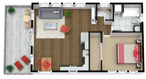 Grundriss für eine Garagenwohnung mit Balkon