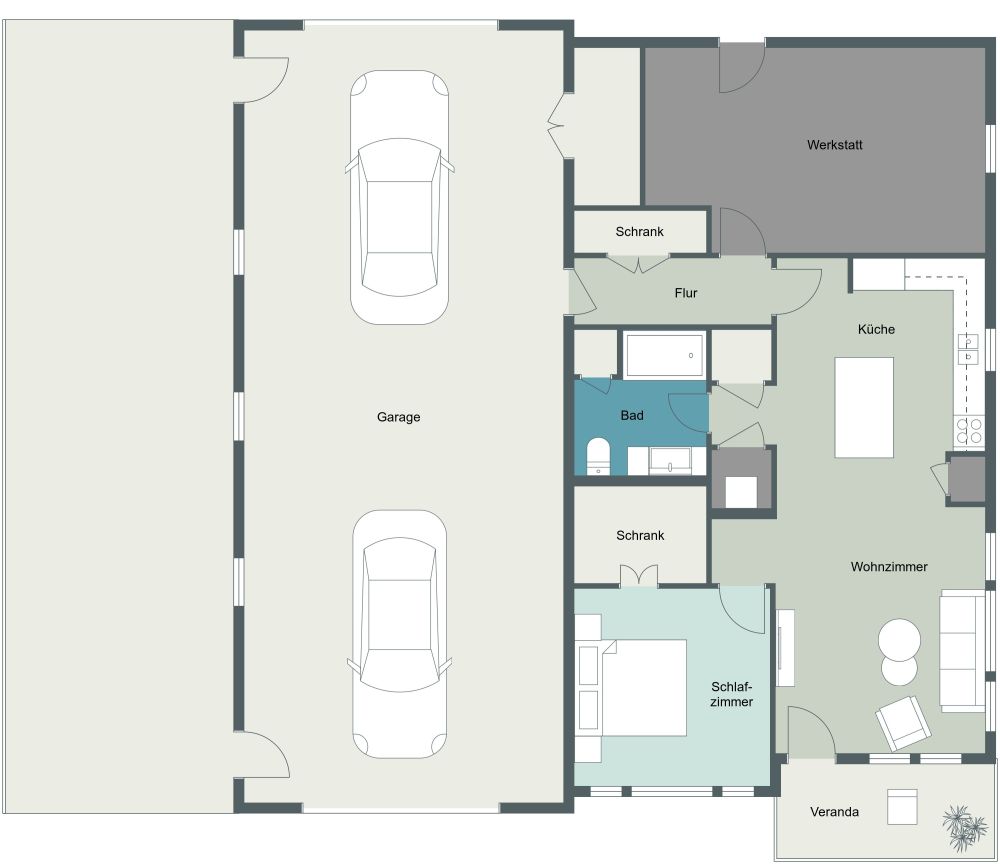 Grundriss für eine Garagenwohnung 2D Grundrisse
