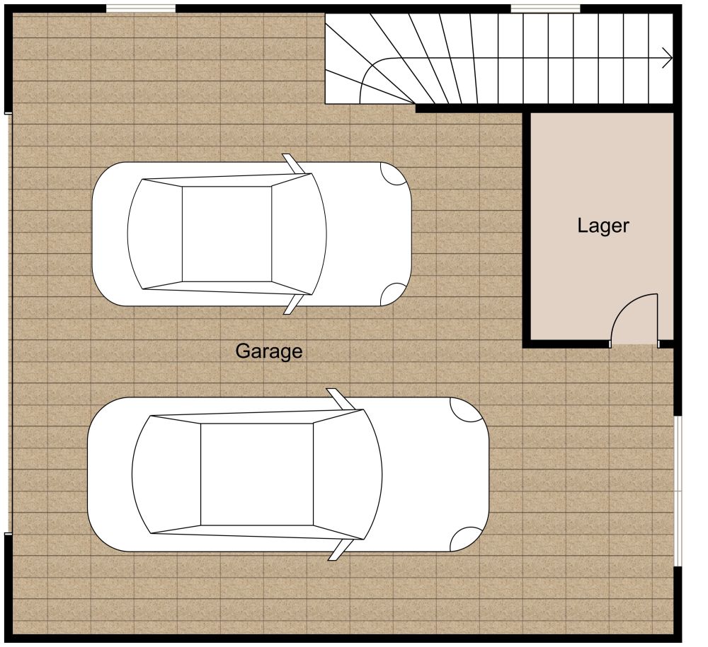Grundriss für eine Garagenwohnung mit großem Schlafzimmer mit privatem Bad 2D Grundrisse