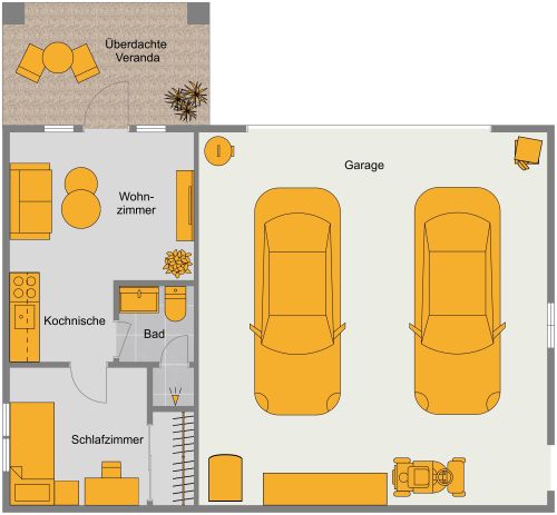 Grundriss für ein kleines Garagenapartment mit eigener Veranda