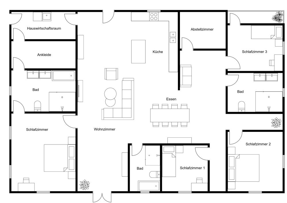 Grundriss für eine Wohnung mit 4 Schlafzimmern und 3 Bädern 2D Grundrisse
