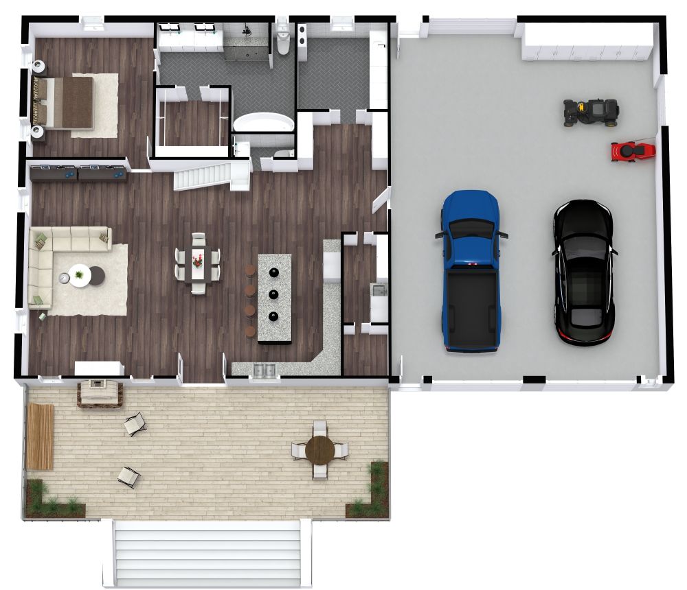 Grundriss für ein großes Haus mit 1 Schlafzimmer und Doppelgarage