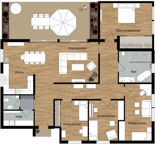 Grundriss für ein Haus mit 4 Schlafzimmern und Terrasse