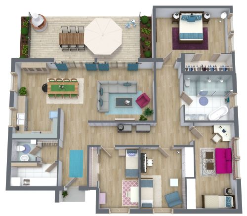 Grundriss für ein Haus mit 4 Schlafzimmern und Terrasse