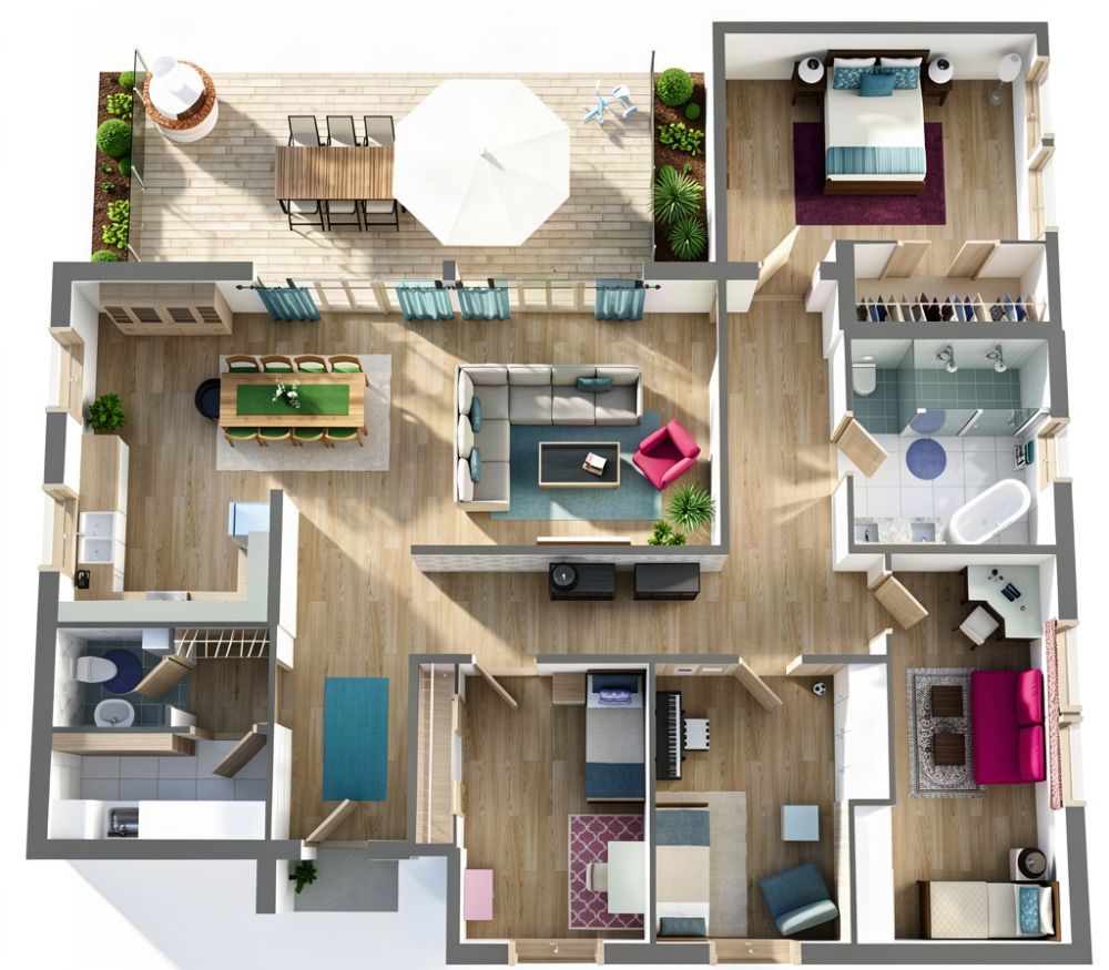 Grundriss für ein Haus mit 4 Schlafzimmern und Terrasse