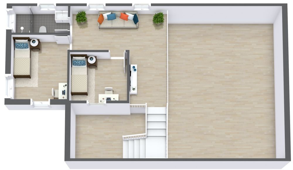  2-stöckiger Grundriss mit 4 Schlafzimmern und Hauswirtschaftsraum 3D Grundrisse