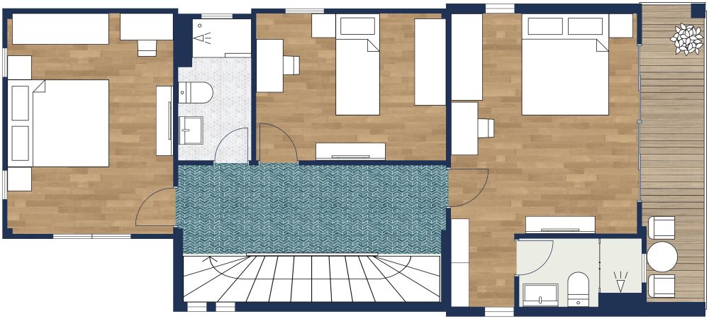 Grundriss mit 5 Schlafzimmern über drei Etagen 2D Grundrisse