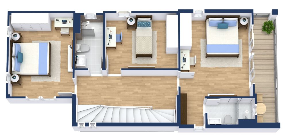 Grundriss mit 5 Schlafzimmern über drei Etagen 3D Grundrisse