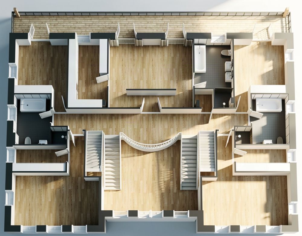 Grundriss für ein 3-stöckiges großes Haus mit 8 Schlafzimmern 3D Grundrisse
