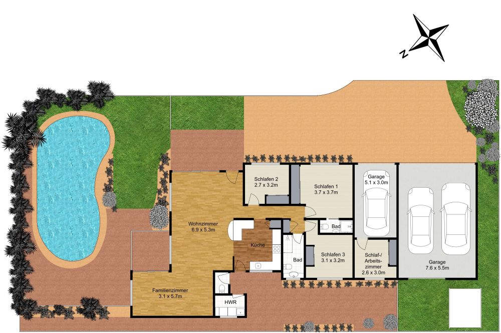 Grundstücksplan mit Pool und großer Garage 2D Grundrisse