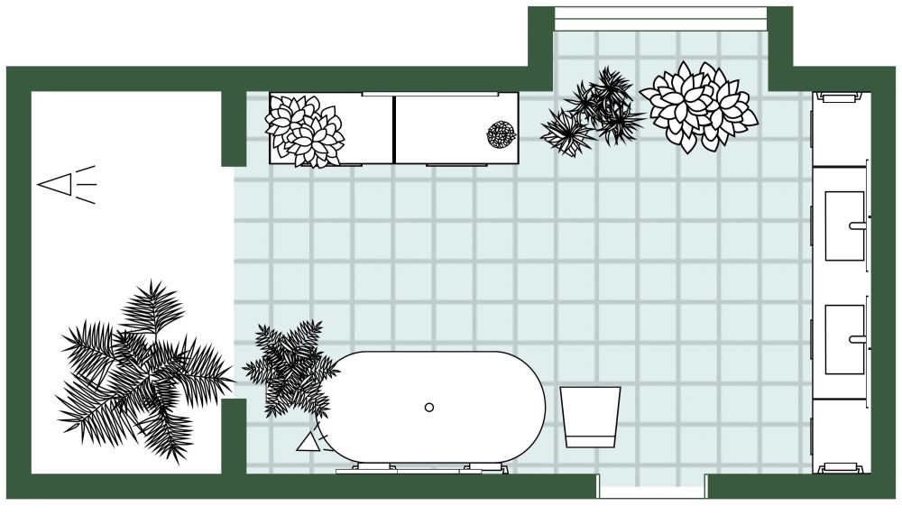 2D bathroom floor plan with a double vanity on the right, shower on the left, freestanding tub, and bay window.