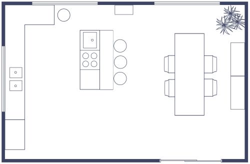 Grundriss für eine Küche mit Insel und Esstisch