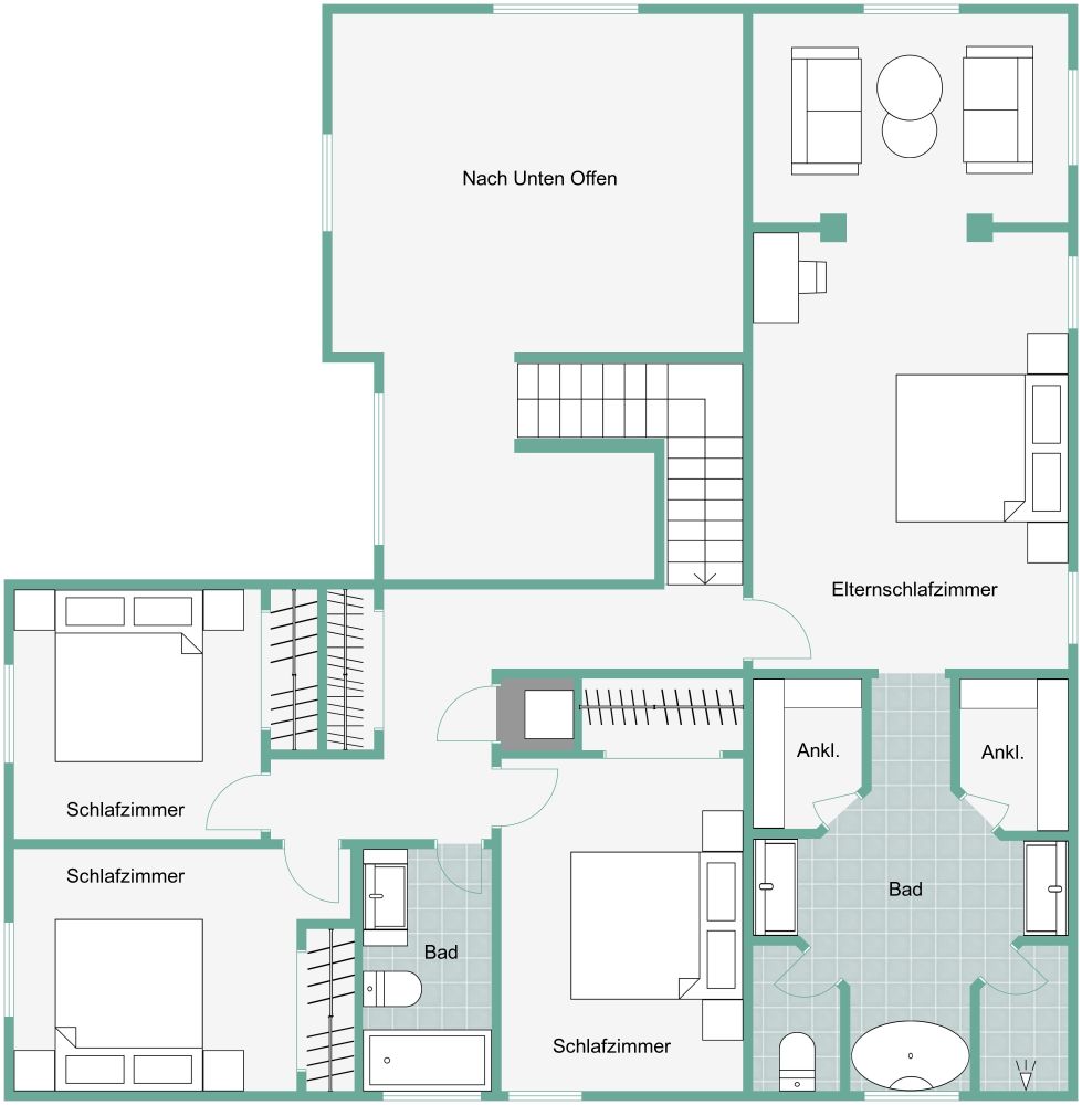 Grundriss für ein modernes Haus mit großer Garage 2D Grundrisse