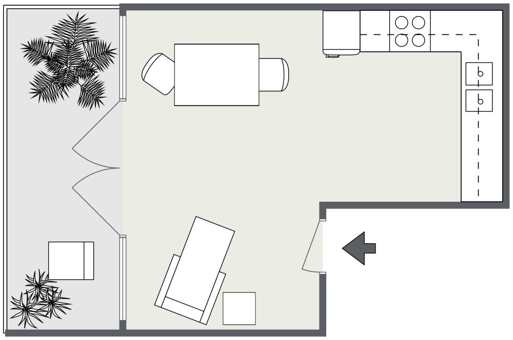Grundriss für eine L-förmige Küche mit Balkon 2D Grundrisse
