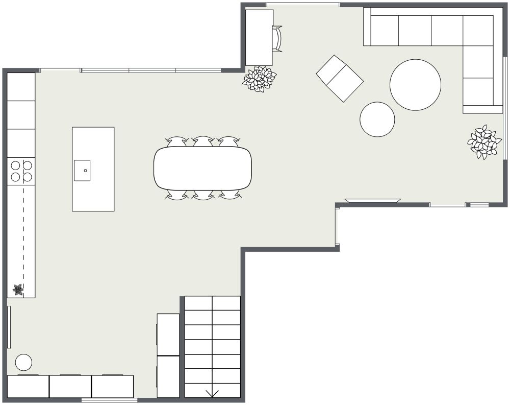 Grundriss für eine zeitgenössische offene Küche 2D Grundrisse