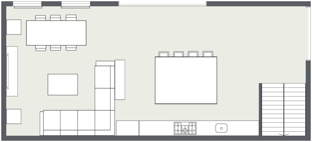 Diskrete Küche mit großer Insel 2D Grundrisse