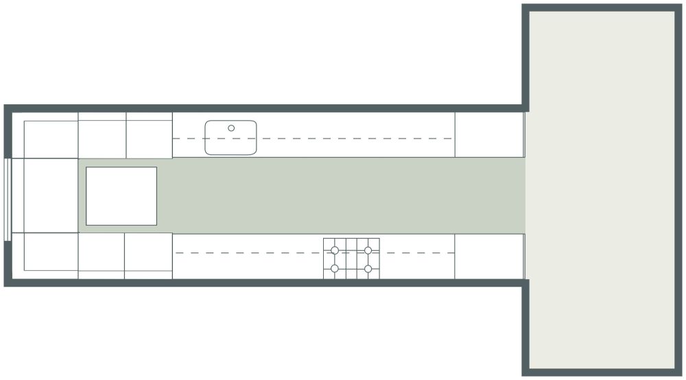Schmale Galeerenküche mit Frühstücksecke 2D Grundrisse