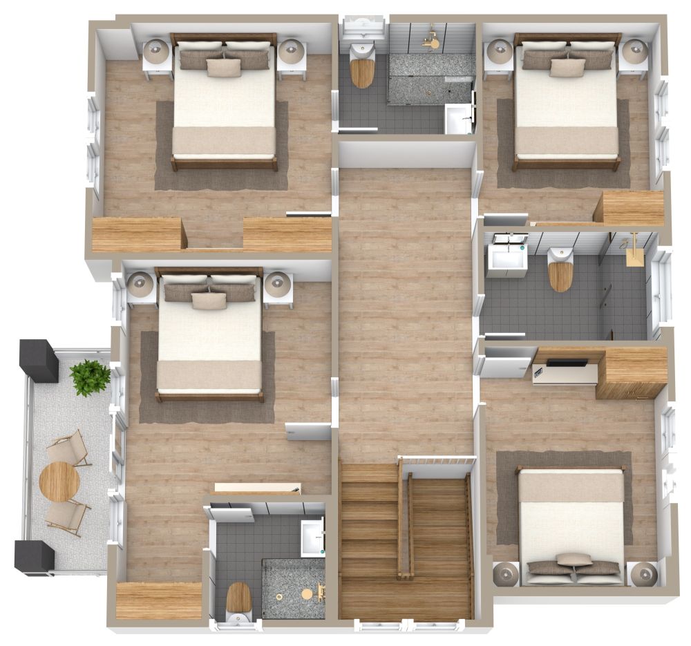 Grundriss für ein schönes Haus mit 5 Schlafzimmern und Balkon 3D Grundrisse