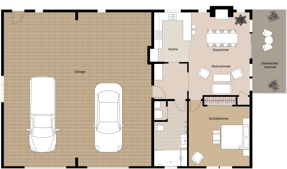 Grundriss für eine große Wohnung mit Balkon über einer Garage 2D Grundrisse