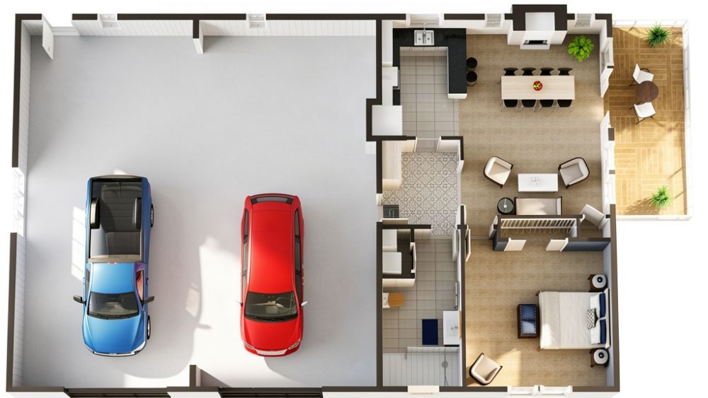 Grundriss für eine große Garagenwohnung mit Balkon