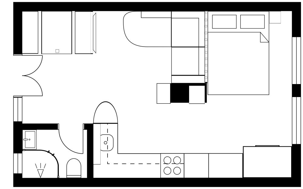 Moderne 1-Zimmer-Wohnung mit offenem Kamin 2D Grundrisse