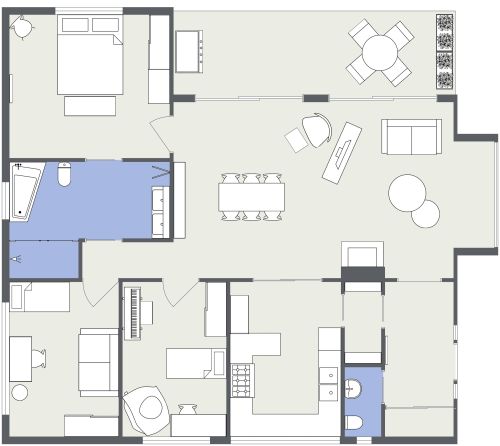 Grundriss für eine skurrile und farbenfrohe 4-Zimmer-Wohnung