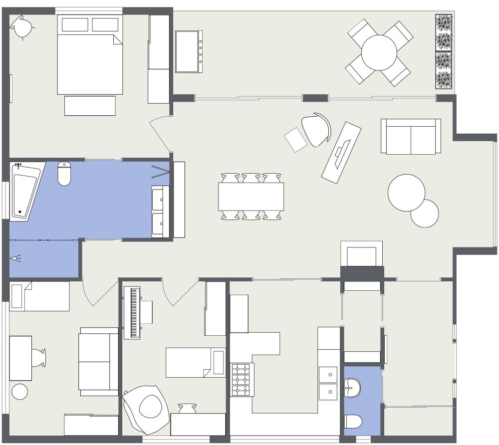 Grundriss für eine skurrile und farbenfrohe 4-Zimmer-Wohnung 2D Grundrisse