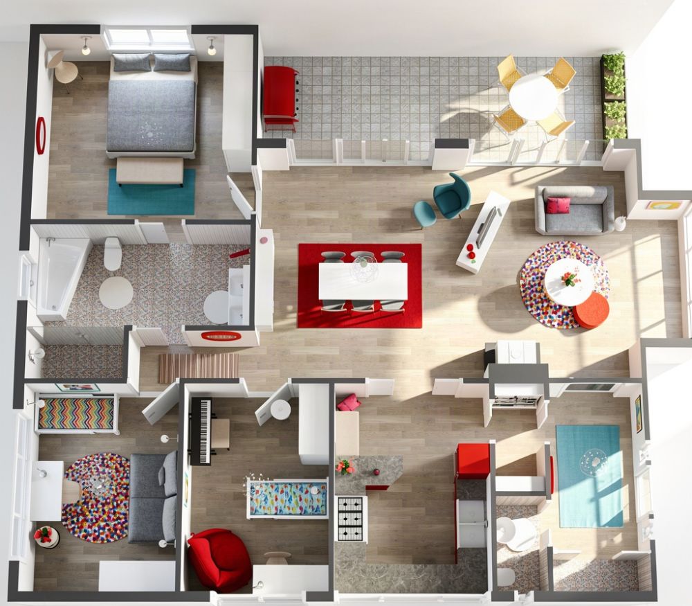 Grundriss für eine skurrile und farbenfrohe 4-Zimmer-Wohnung