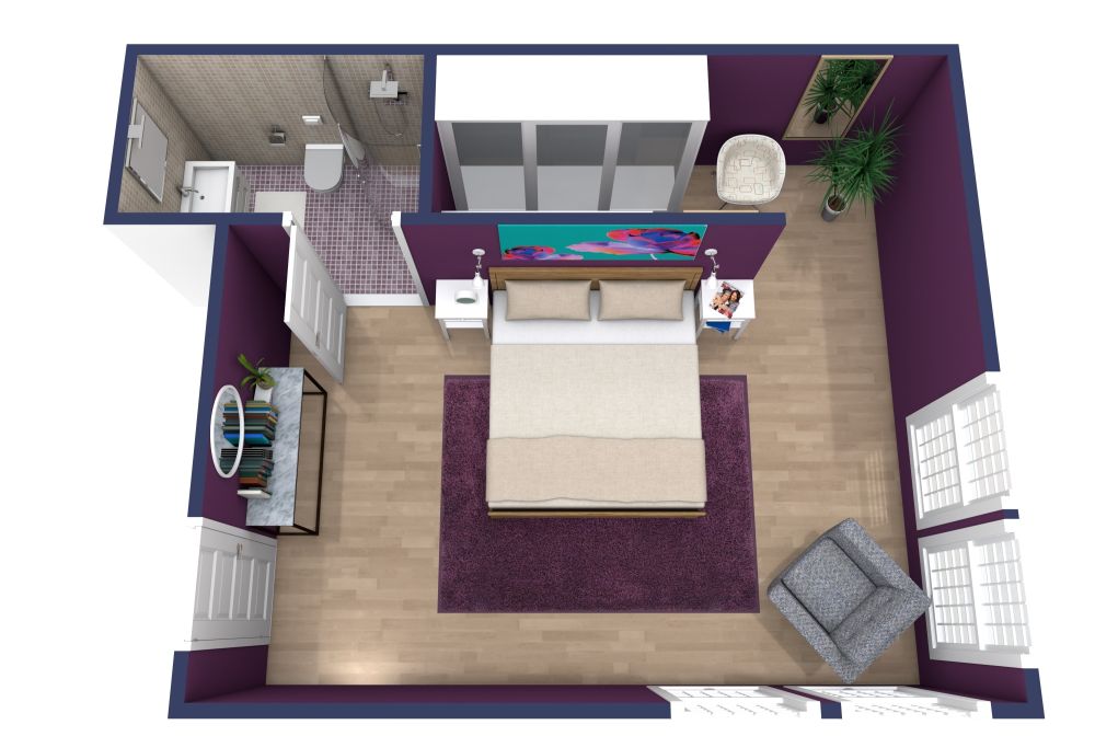 Schlafzimmerdesign mit lila Farben