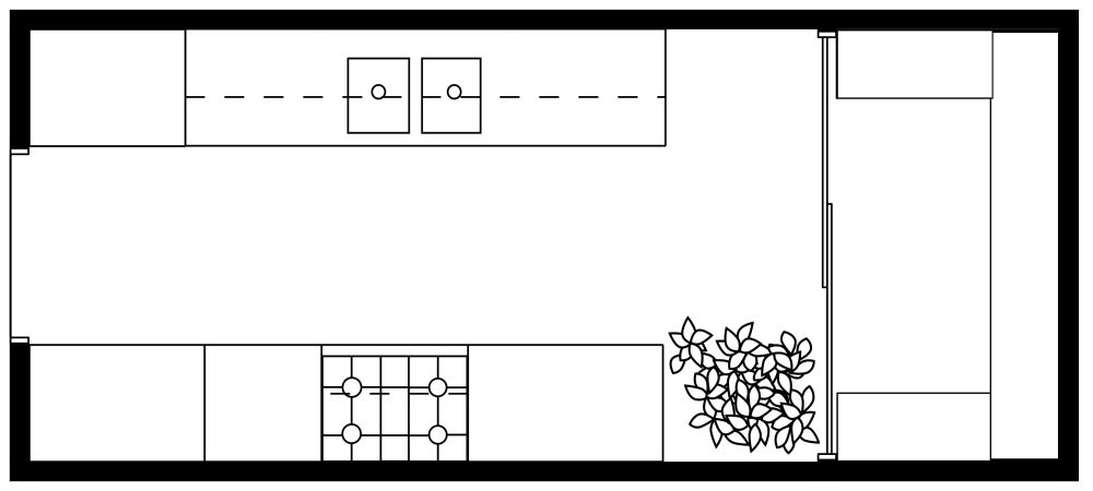 Zweizeilige Küche mit Speisekammer 2D Grundrisse