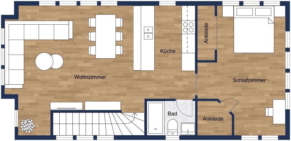 Grundriss für eine Garagenwohnung mit 1 Schlafzimmer 2D Grundrisse